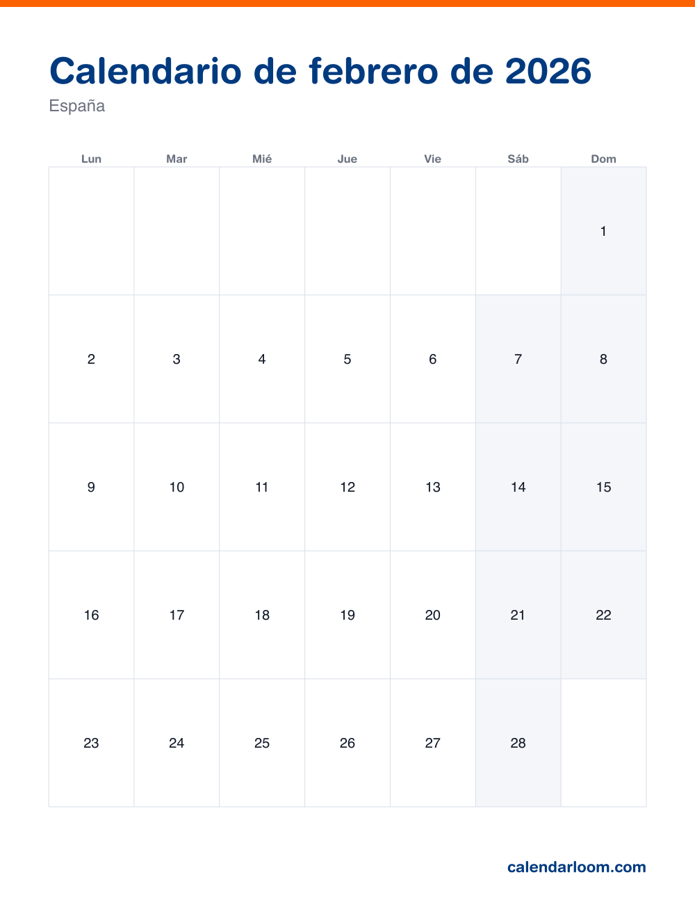 Calendario de febrero de 2026 para imprimir con los festivos de España