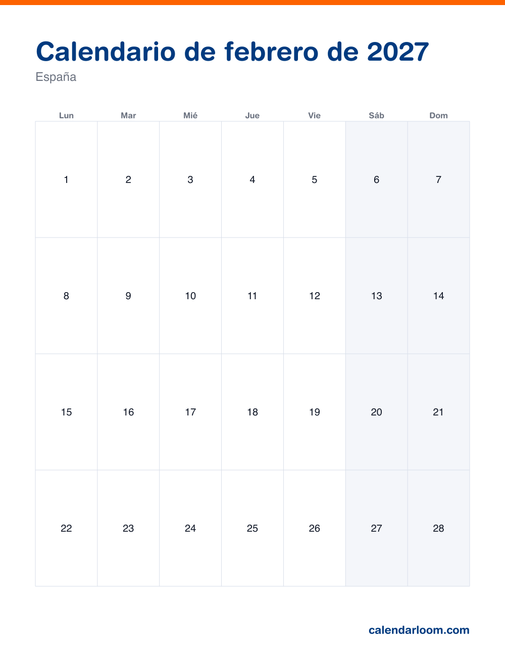 Calendario de febrero de 2027 para imprimir con los festivos de España