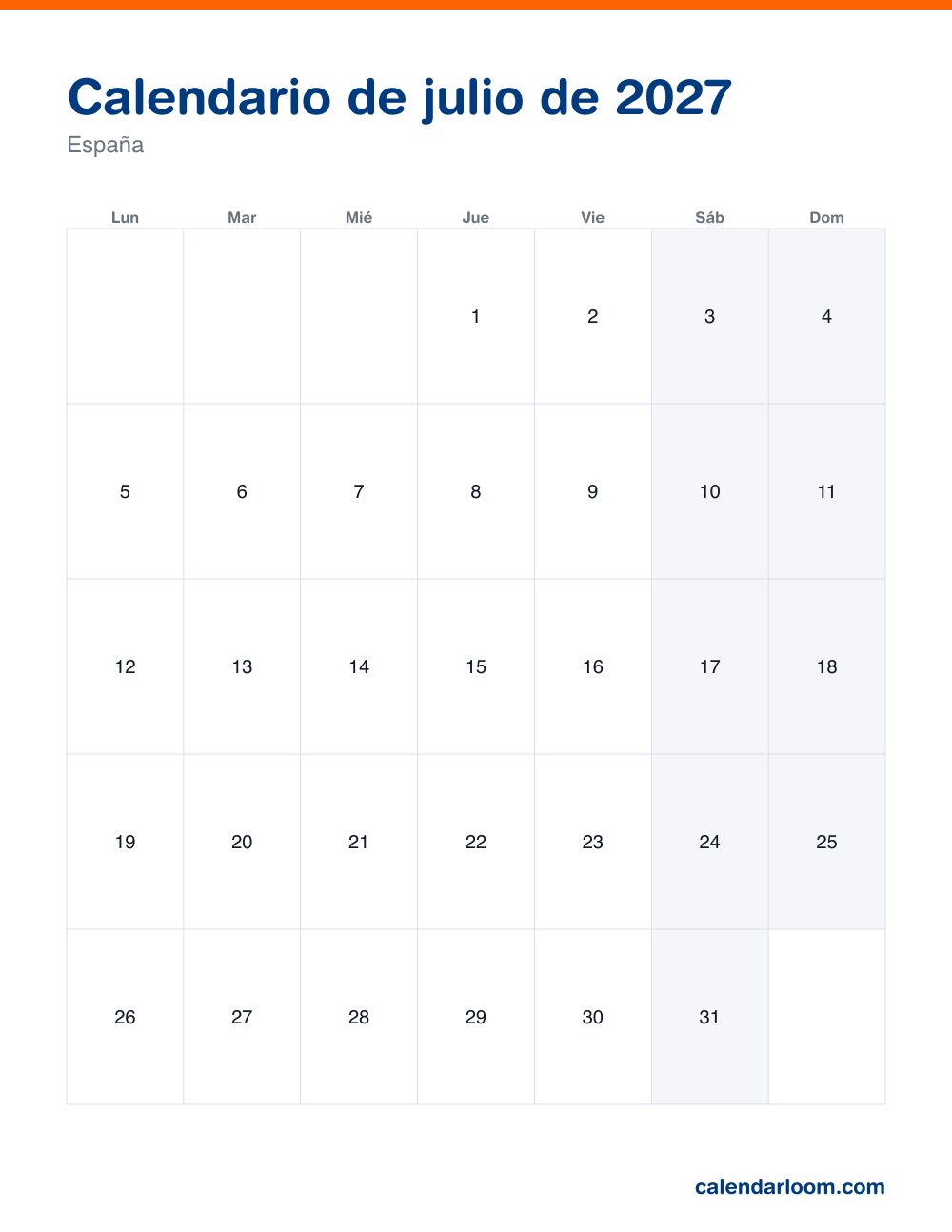 Calendario de julio de 2027 para imprimir con los festivos de España