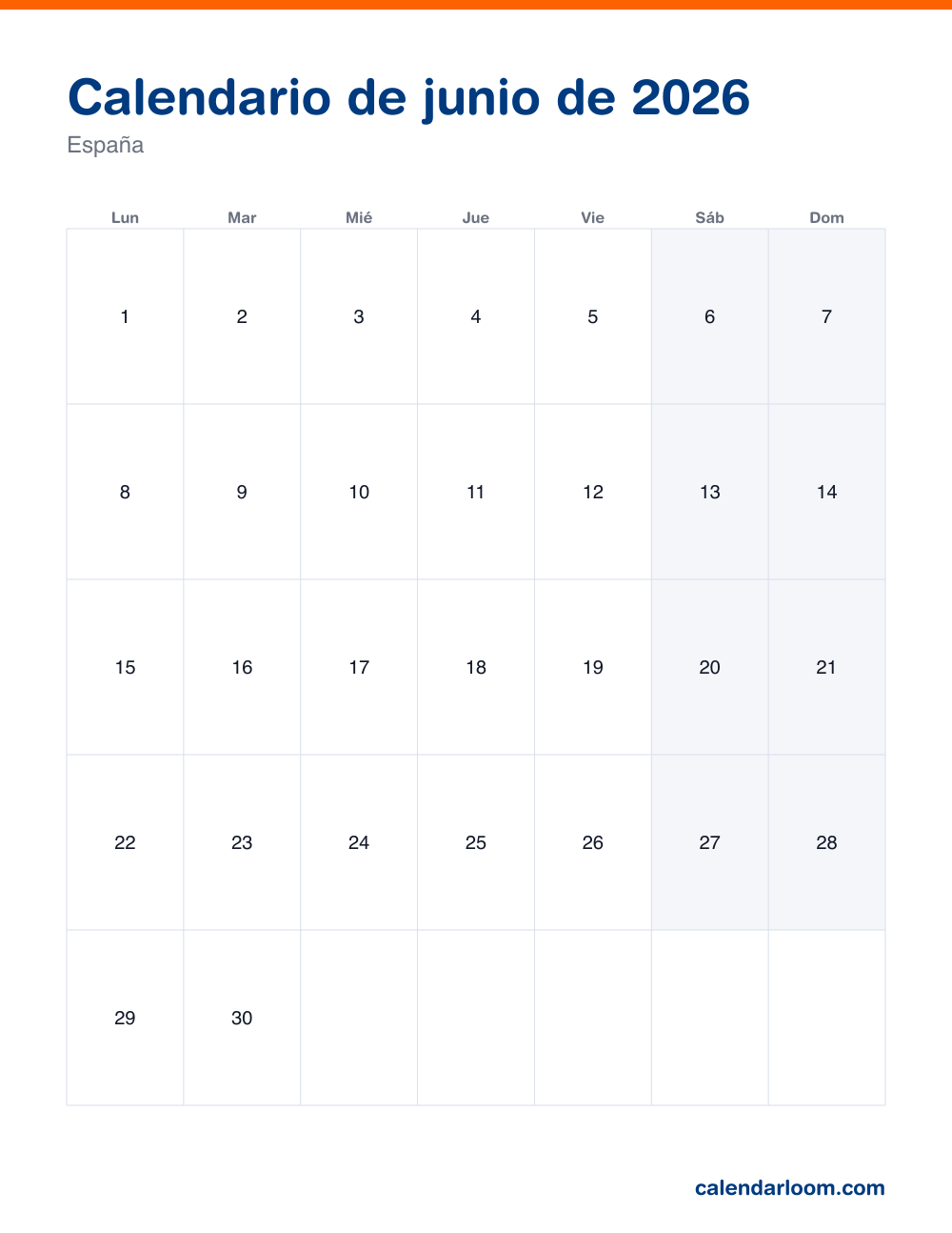 Calendario de junio de 2026 para imprimir con los festivos de España