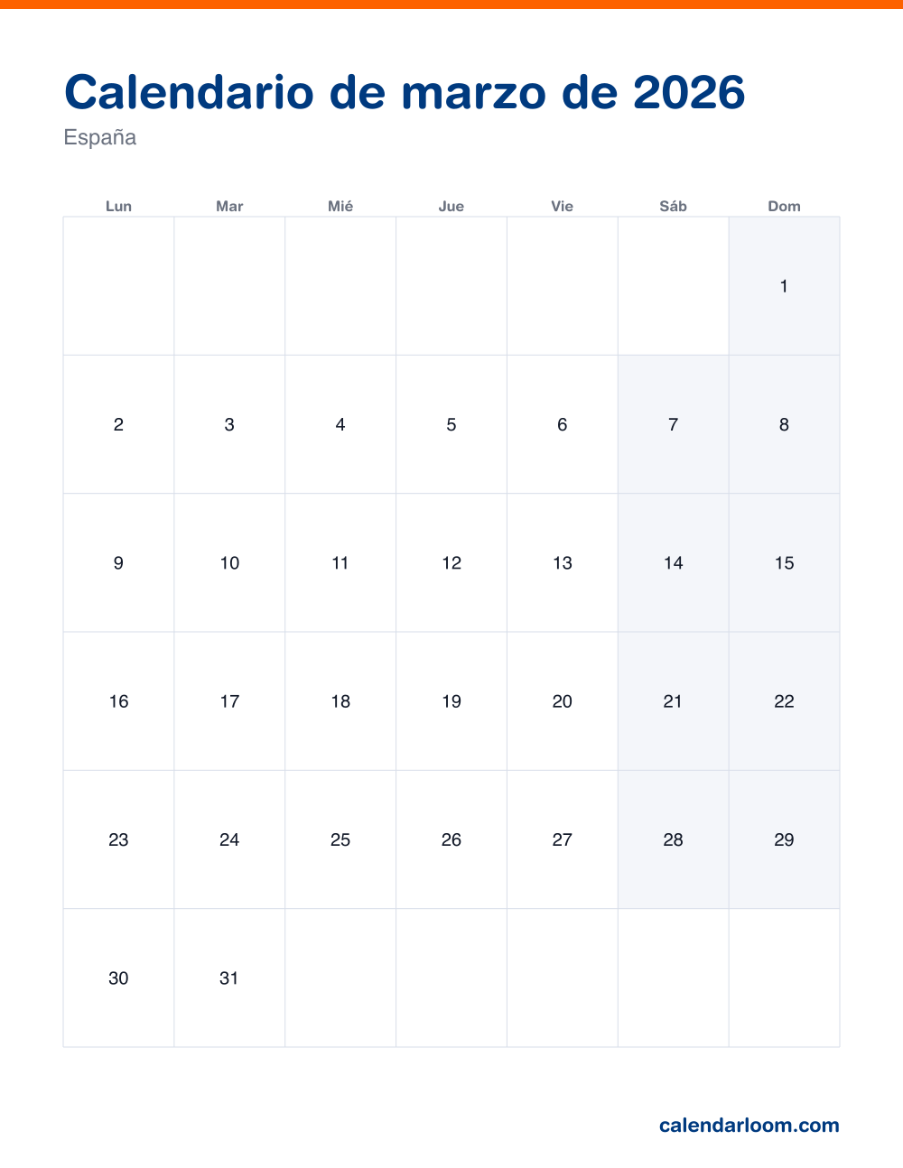 Calendario de marzo de 2026 para imprimir con los festivos de España