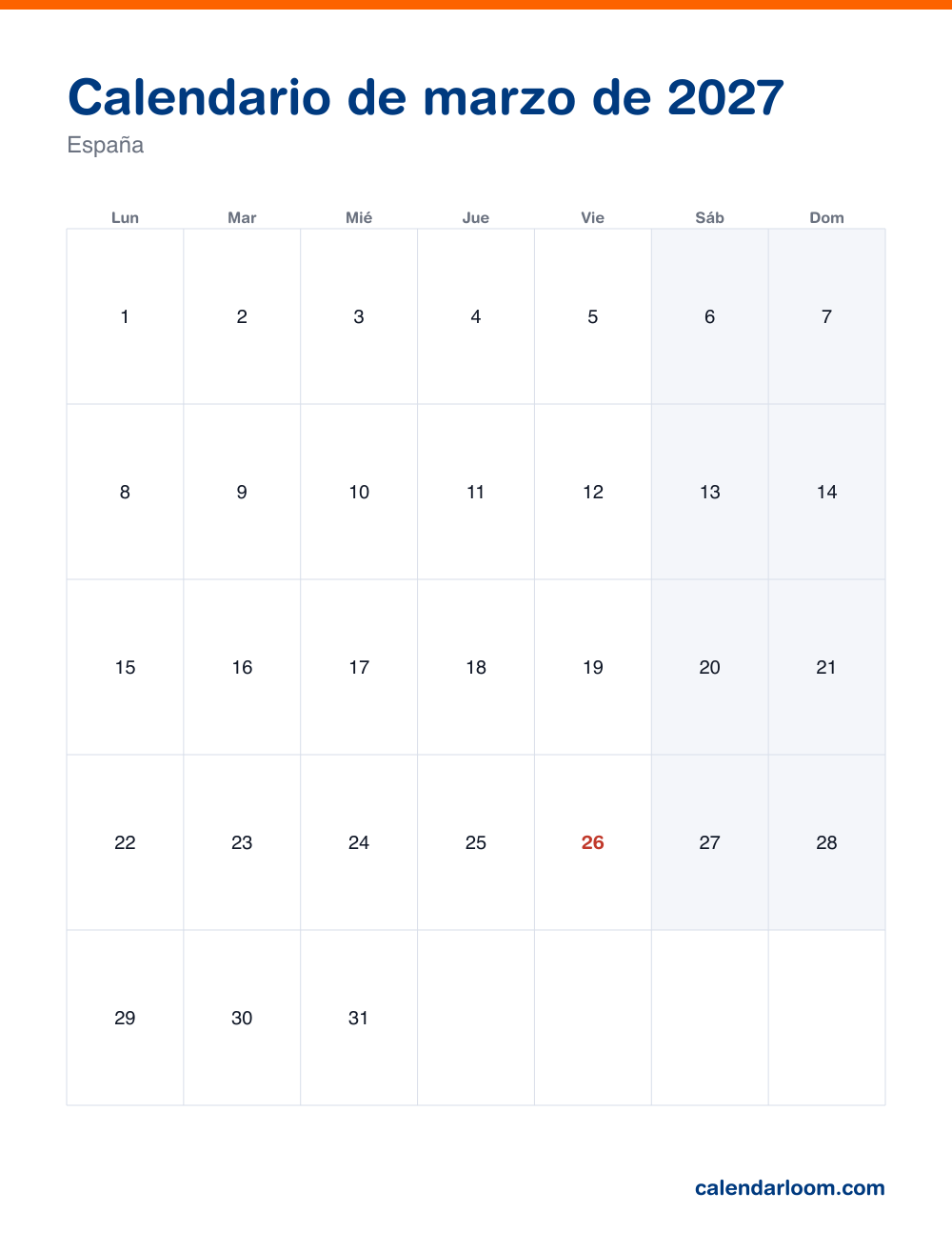 Calendario de marzo de 2027 para imprimir con los festivos de España