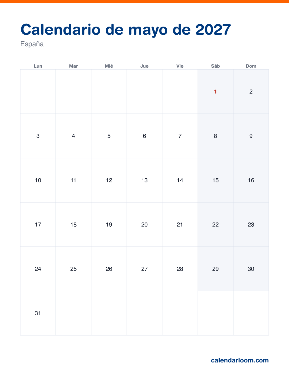 Calendario de mayo de 2027 para imprimir con los festivos de España