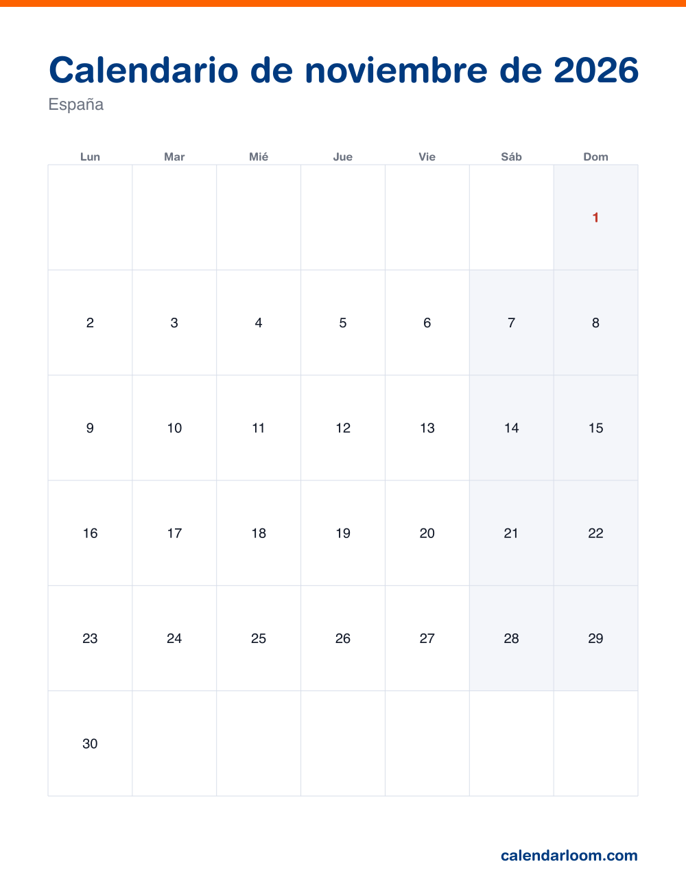Calendario de noviembre de 2026 para imprimir con los festivos de España