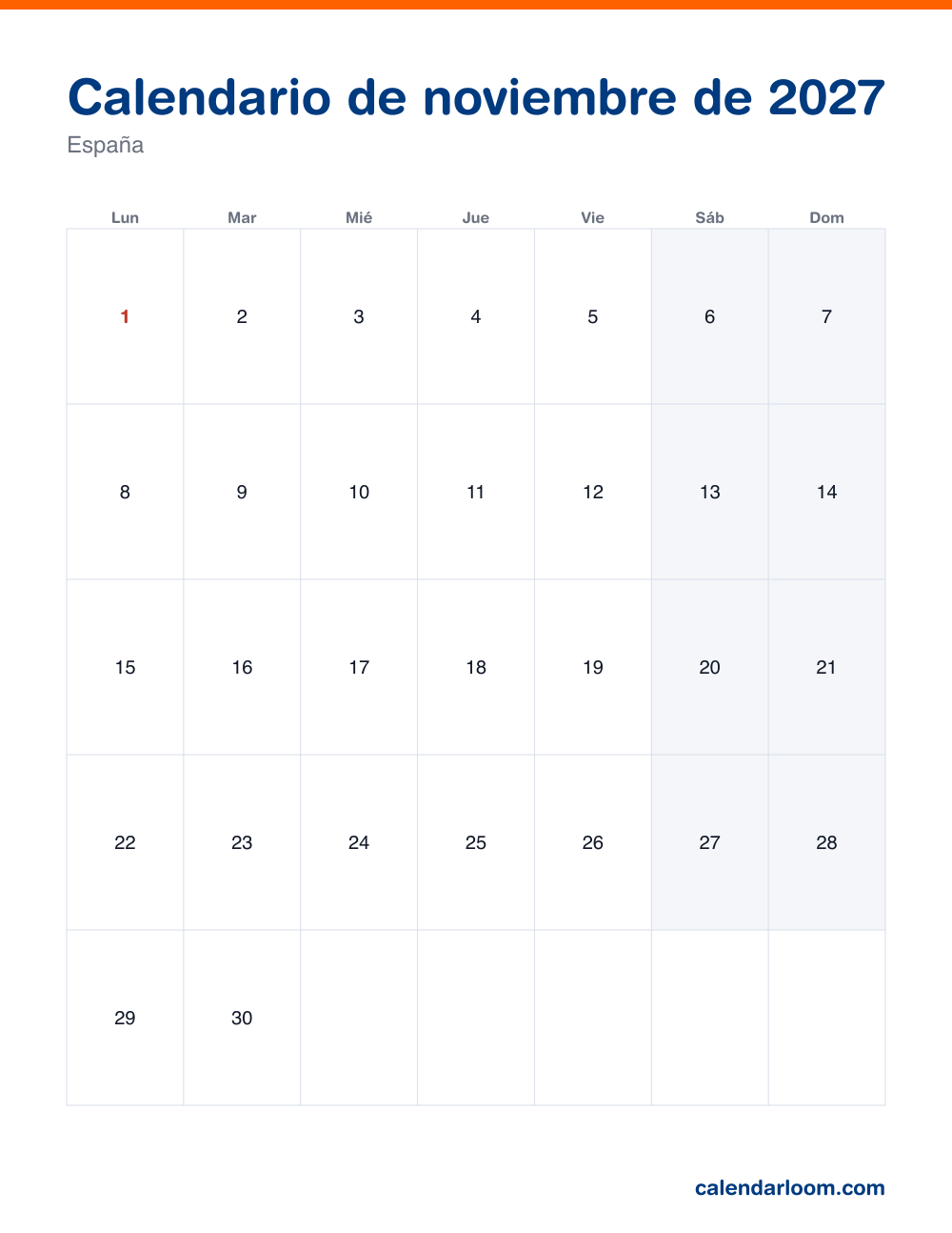 Calendario de noviembre de 2027 para imprimir con los festivos de España
