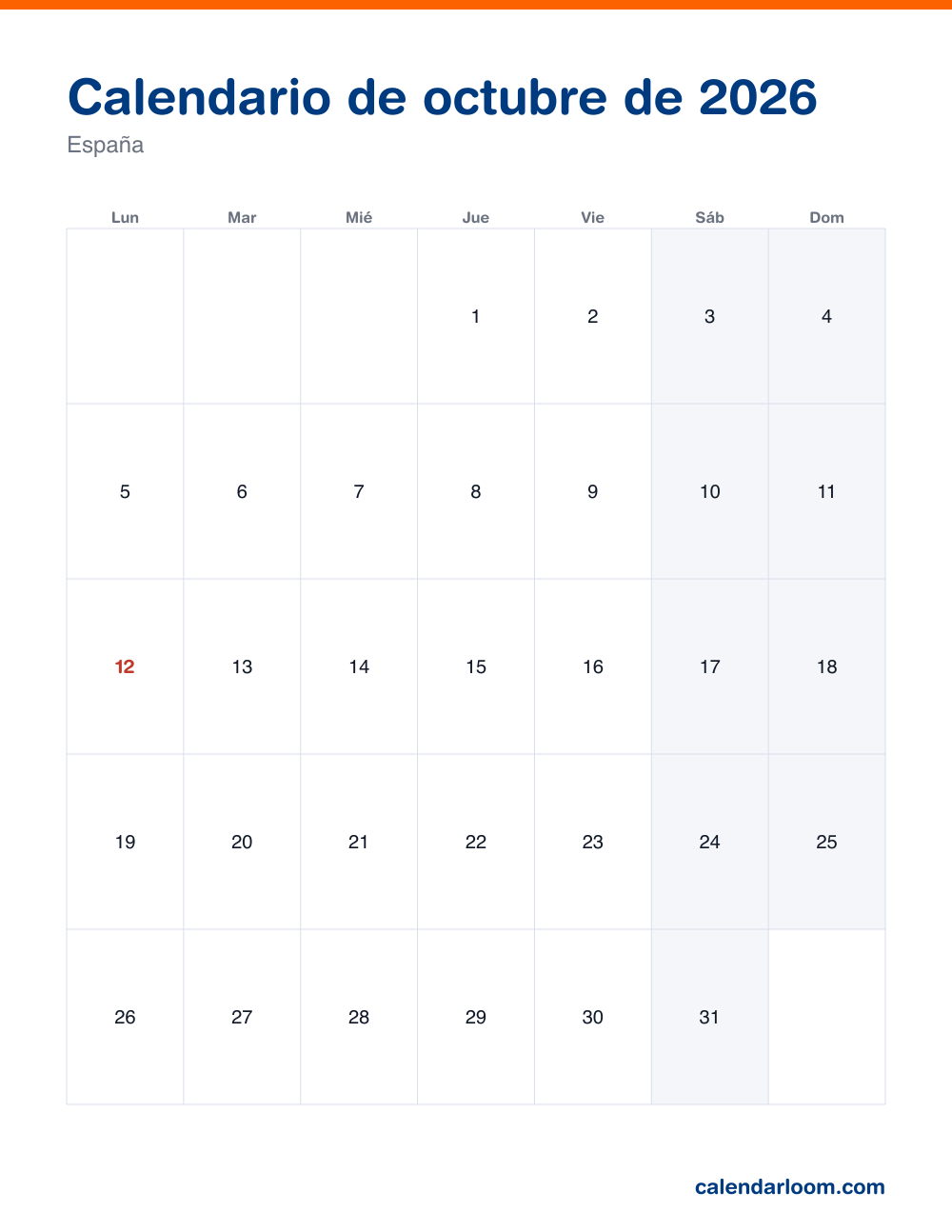 Calendario de octubre de 2026 para imprimir con los festivos de España