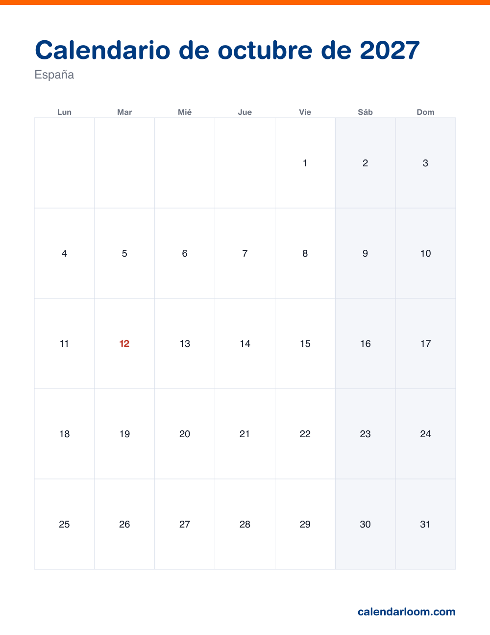 Calendario de octubre de 2027 para imprimir con los festivos de España