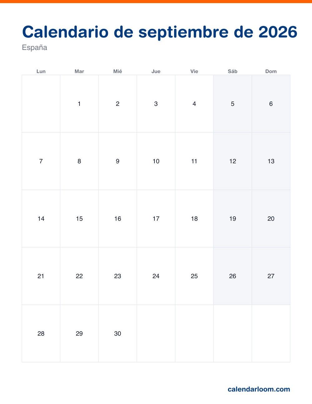 Calendario de septiembre de 2026 para imprimir con los festivos de España