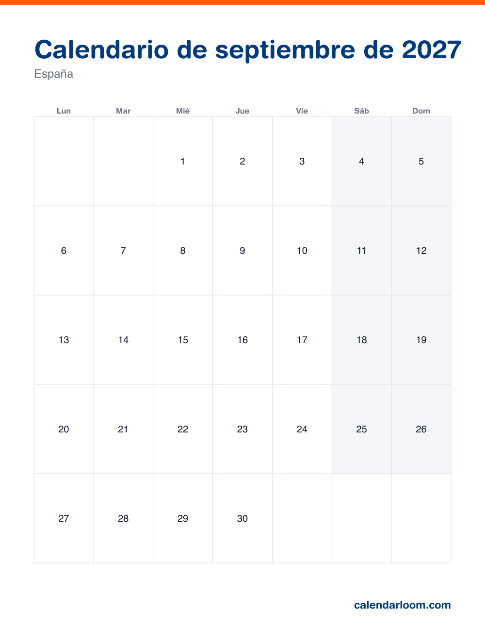 Calendario de septiembre de 2027 para imprimir con los festivos de España