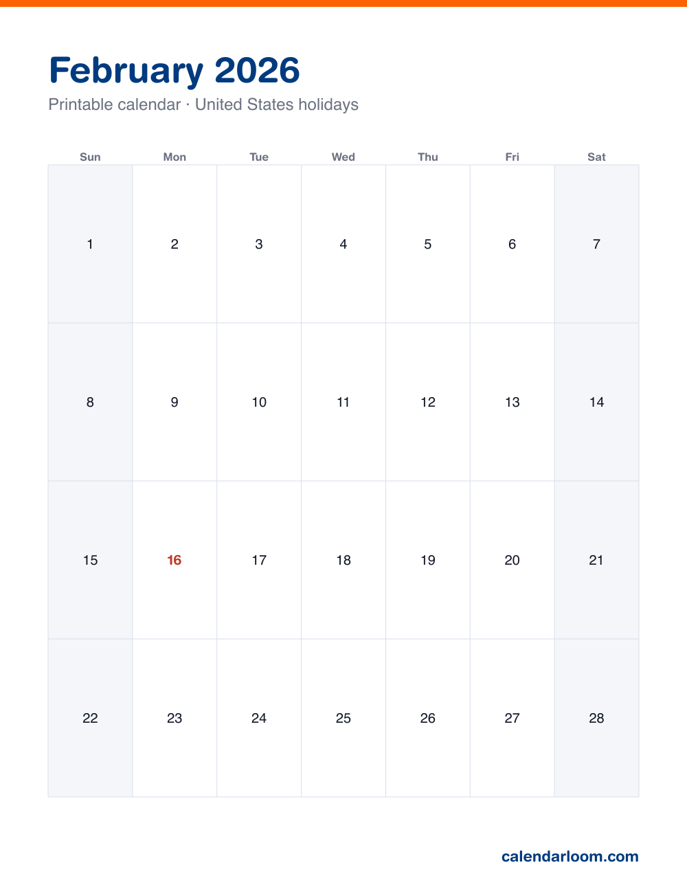 Printable February 2026 calendar with United States holidays marked, Sunday start, Letter size