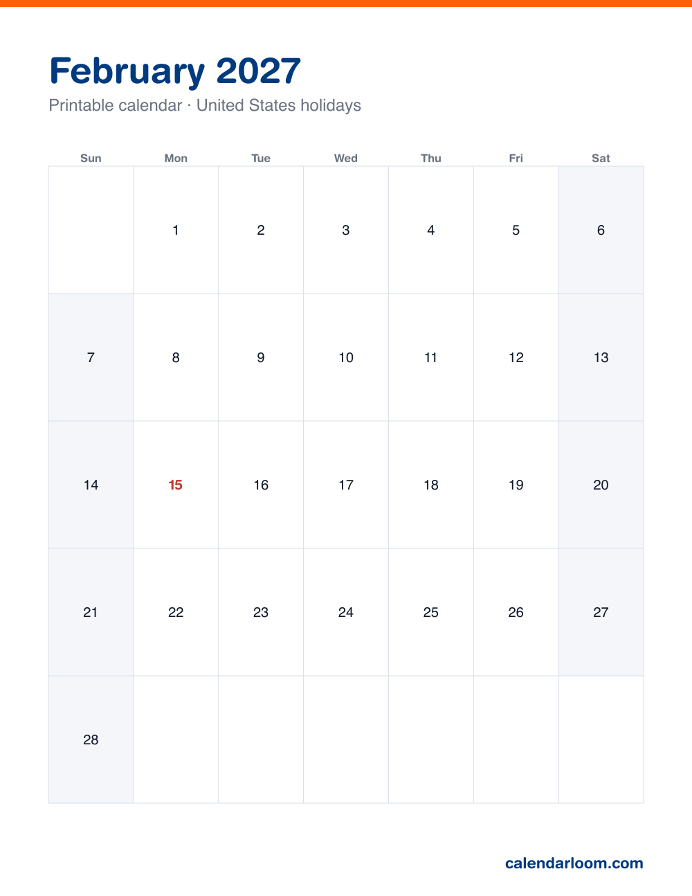 Printable February 2027 calendar with United States holidays marked, Sunday start, Letter size