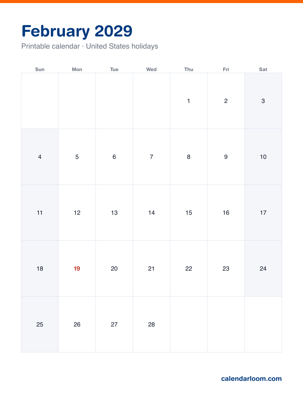 Printable February 2029 calendar with United States holidays marked, Sunday start, Letter size