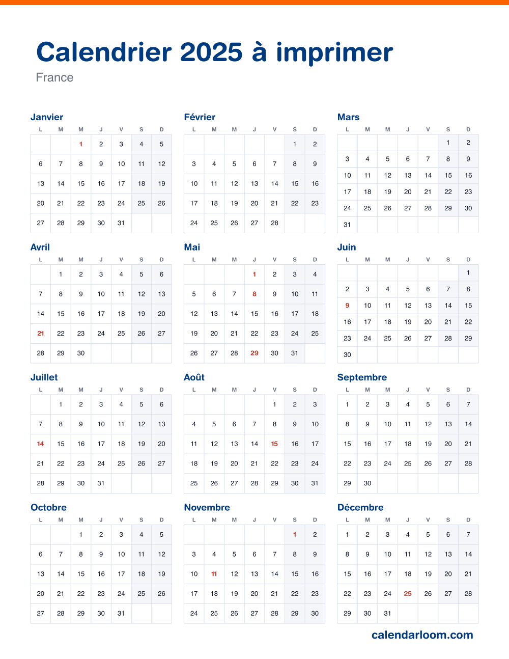 Calendrier 2025 à imprimer avec les jours fériés français