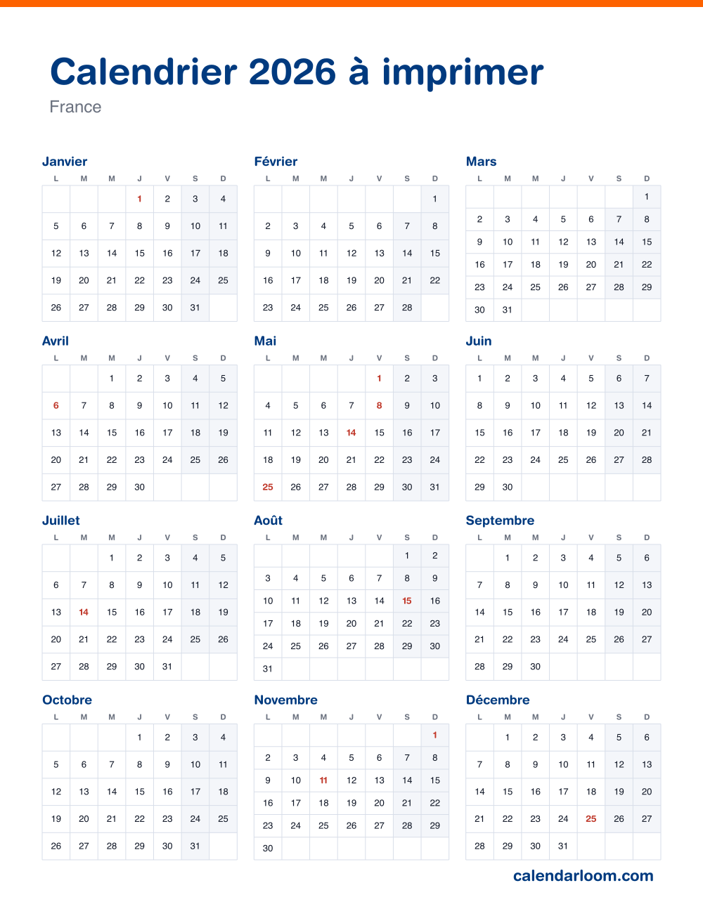 Calendrier 2026 à imprimer avec les jours fériés français