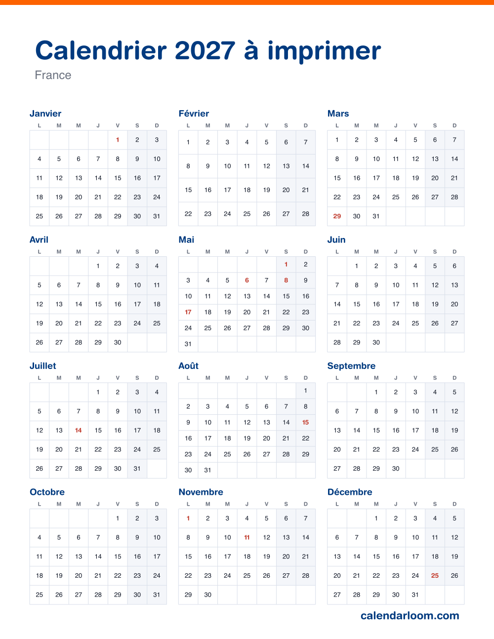 Calendrier 2027 à imprimer avec les jours fériés français