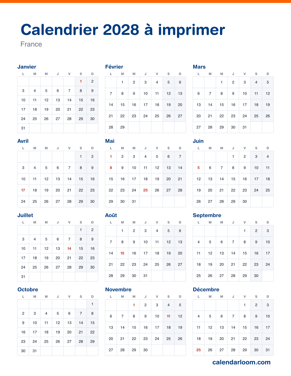 Calendrier 2028 à imprimer avec les jours fériés français