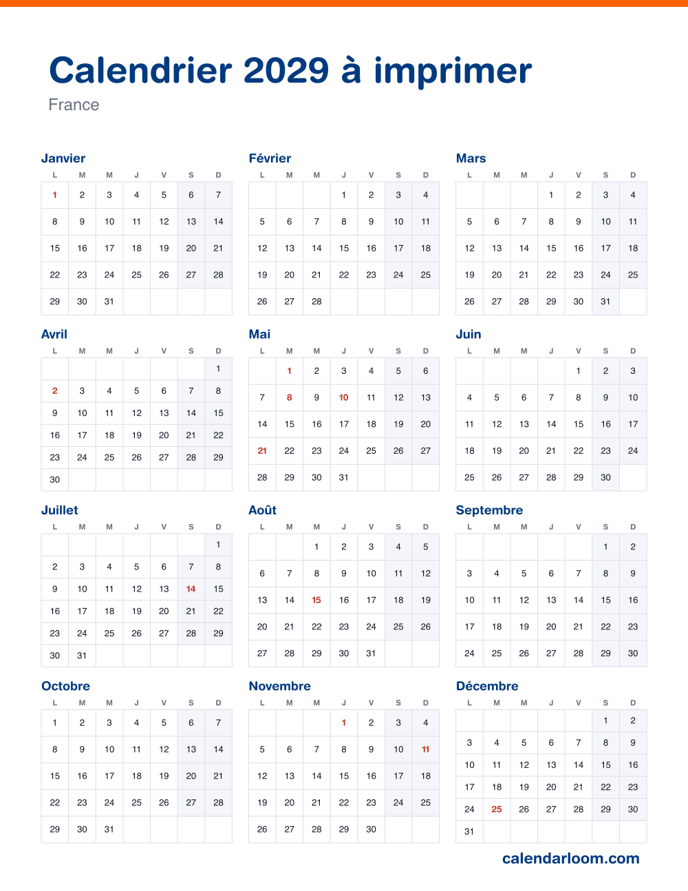 Calendrier 2029 à imprimer avec les jours fériés français