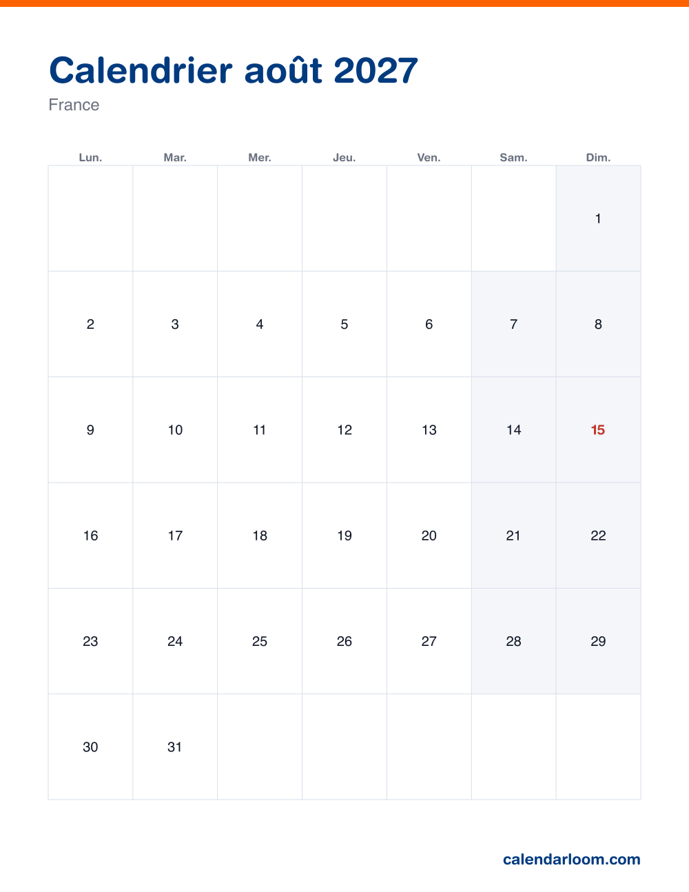 Calendrier août 2027 à imprimer avec les jours fériés français