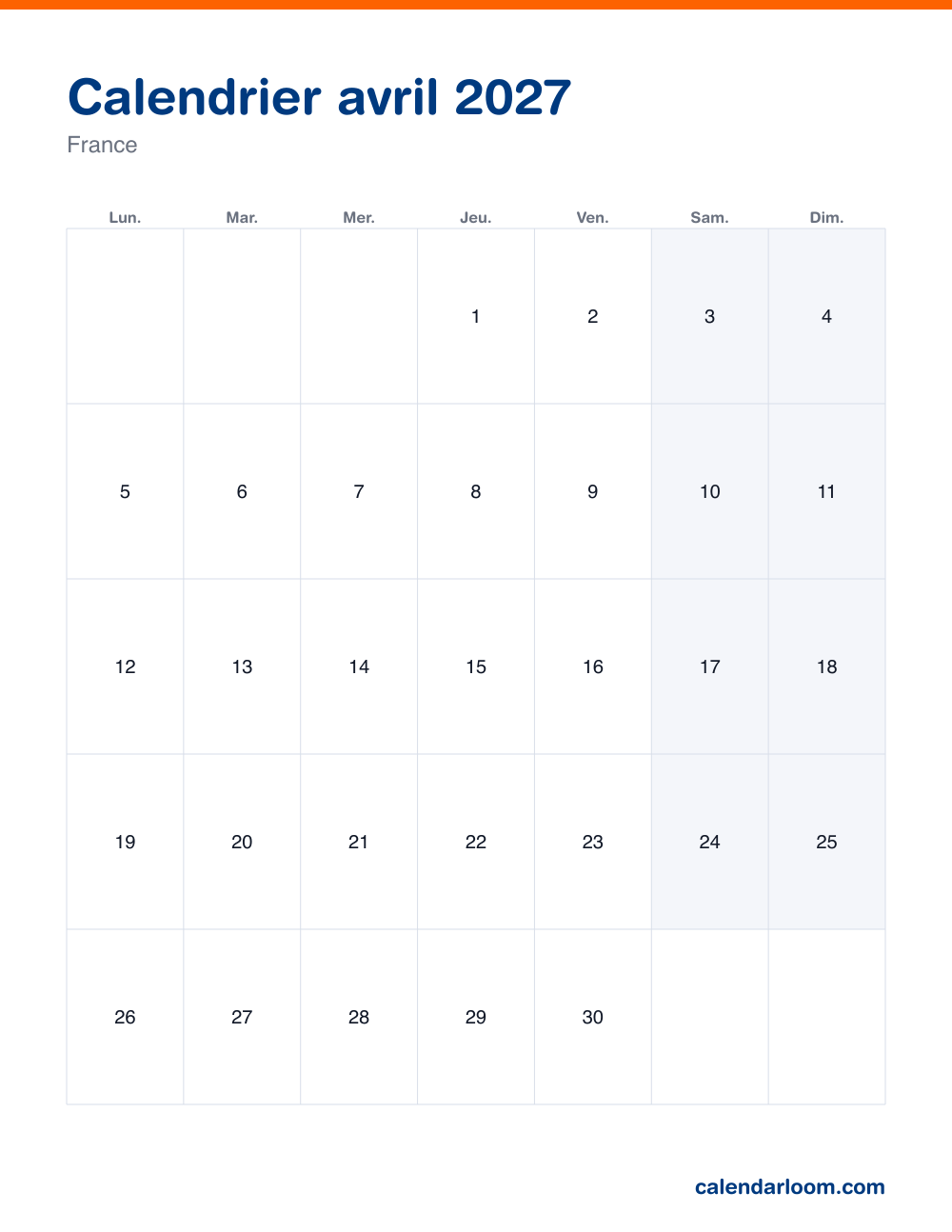 Calendrier avril 2027 à imprimer avec les jours fériés français