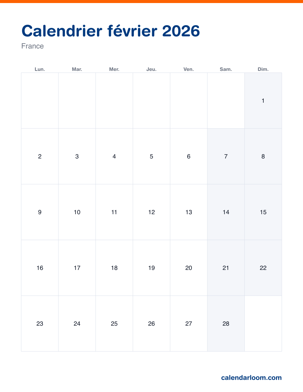 Calendrier février 2026 à imprimer avec les jours fériés français