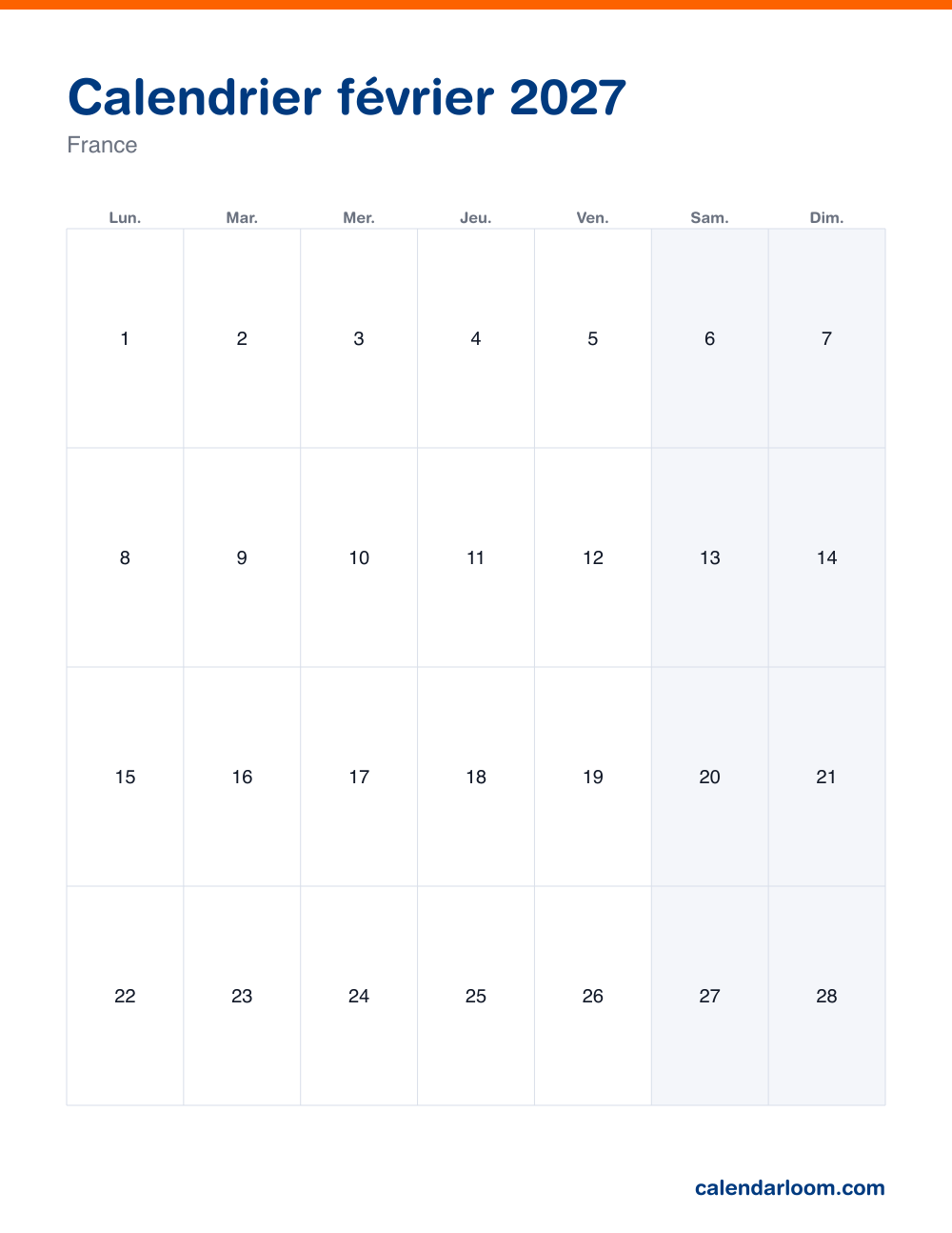 Calendrier février 2027 à imprimer avec les jours fériés français