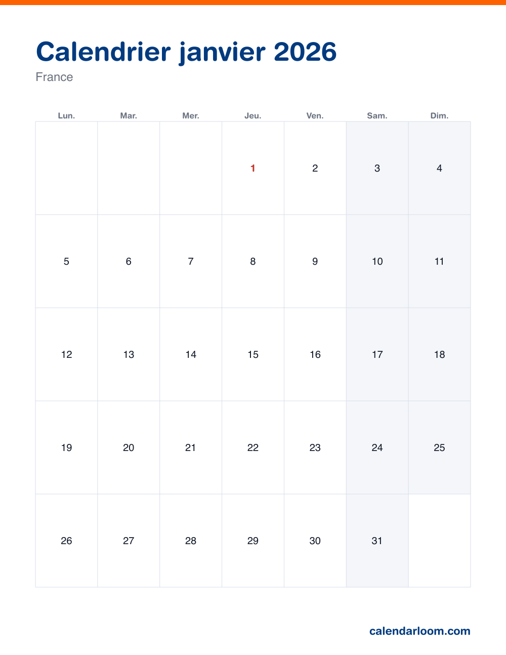 Calendrier janvier 2026 à imprimer avec les jours fériés français