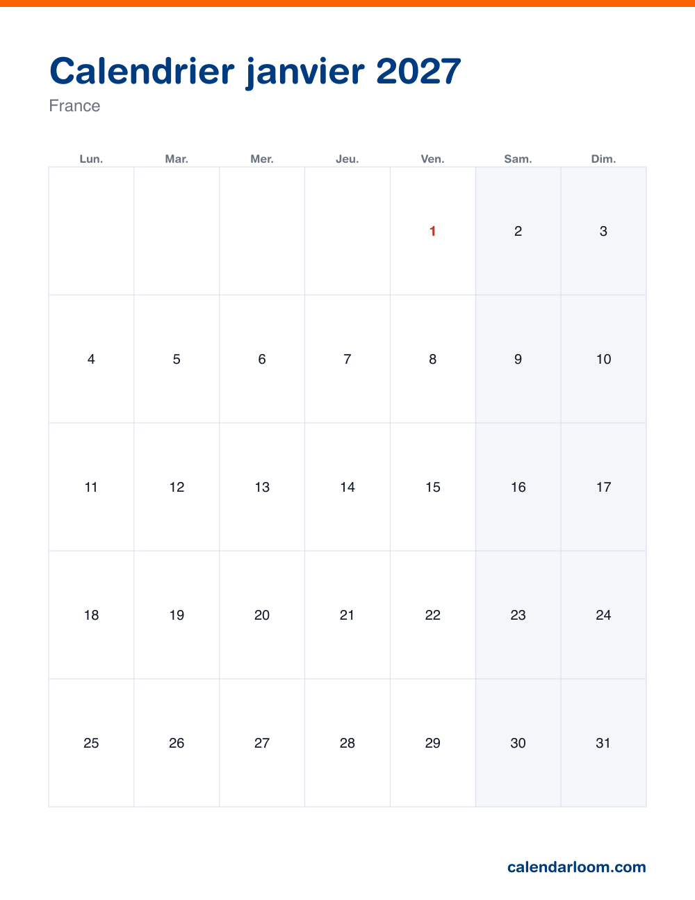 Calendrier janvier 2027 à imprimer avec les jours fériés français