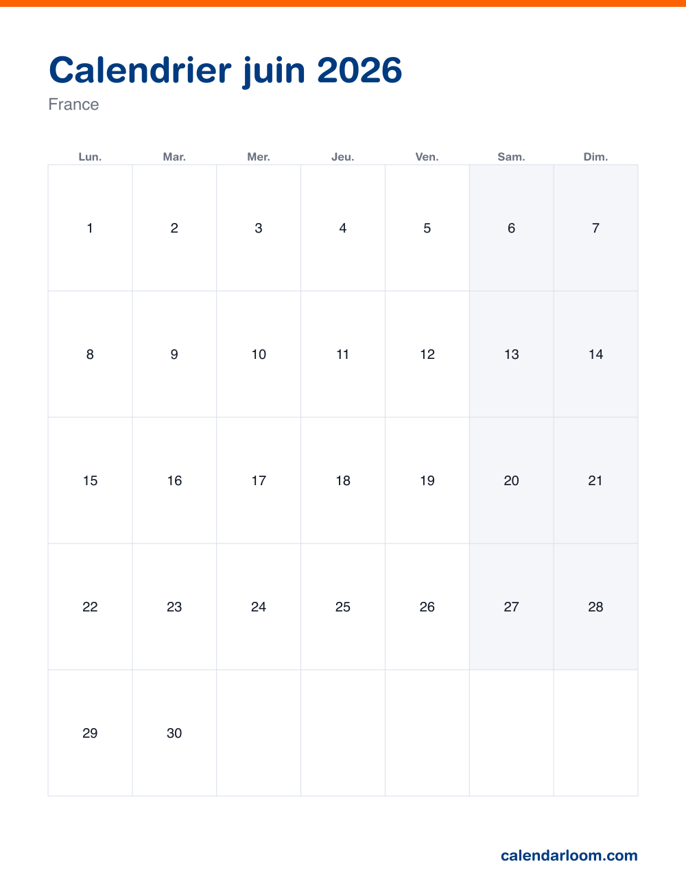 Calendrier juin 2026 à imprimer avec les jours fériés français