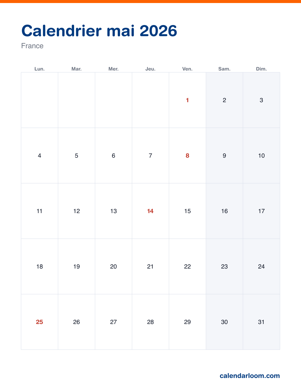 Calendrier mai 2026 à imprimer avec les jours fériés français