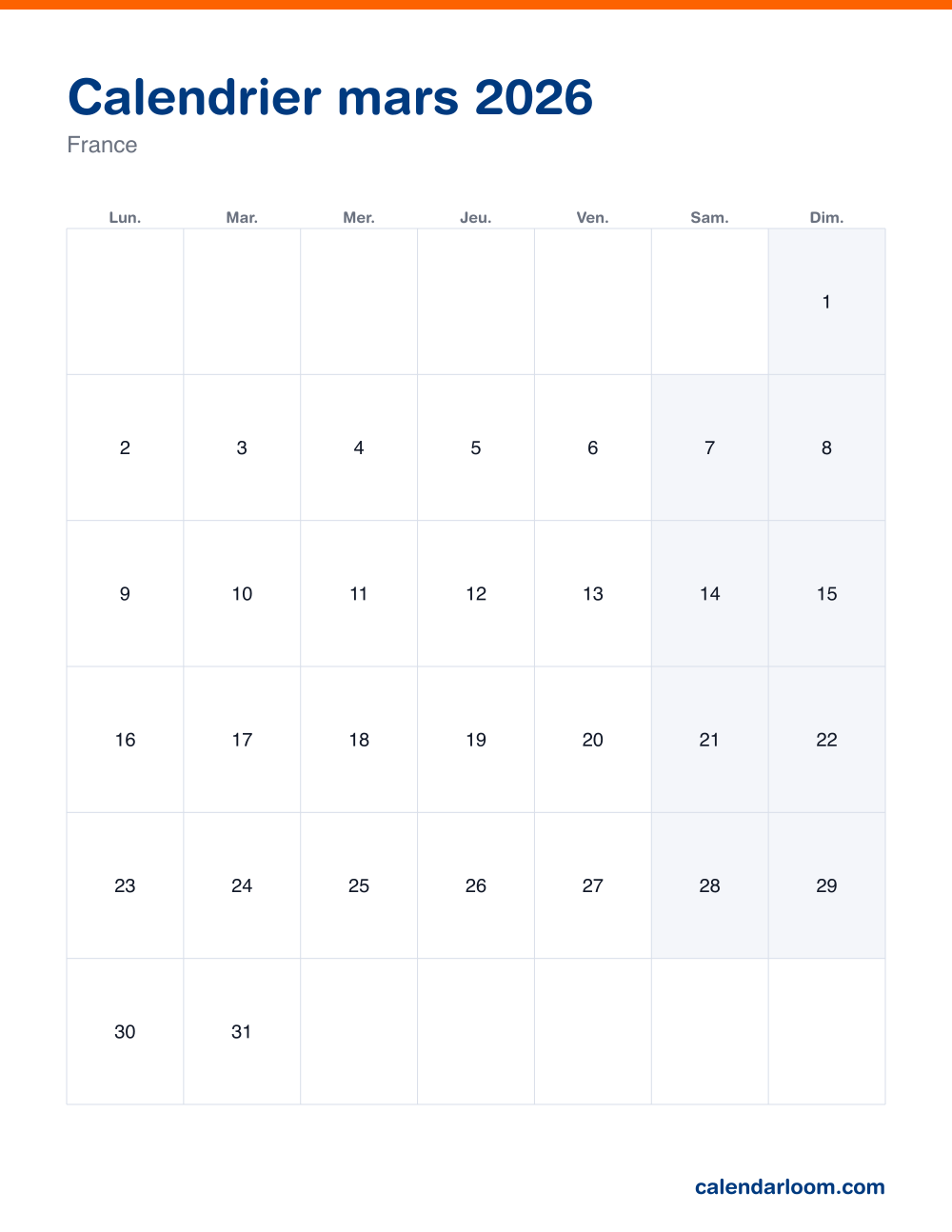 Calendrier mars 2026 à imprimer avec les jours fériés français