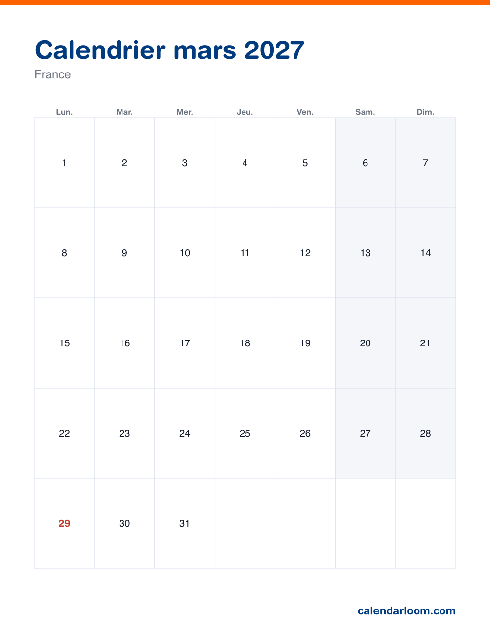 Calendrier mars 2027 à imprimer avec les jours fériés français