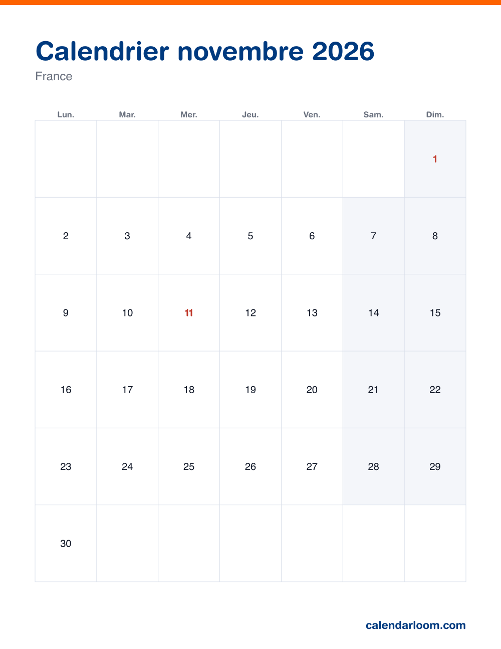 Calendrier novembre 2026 à imprimer avec les jours fériés français