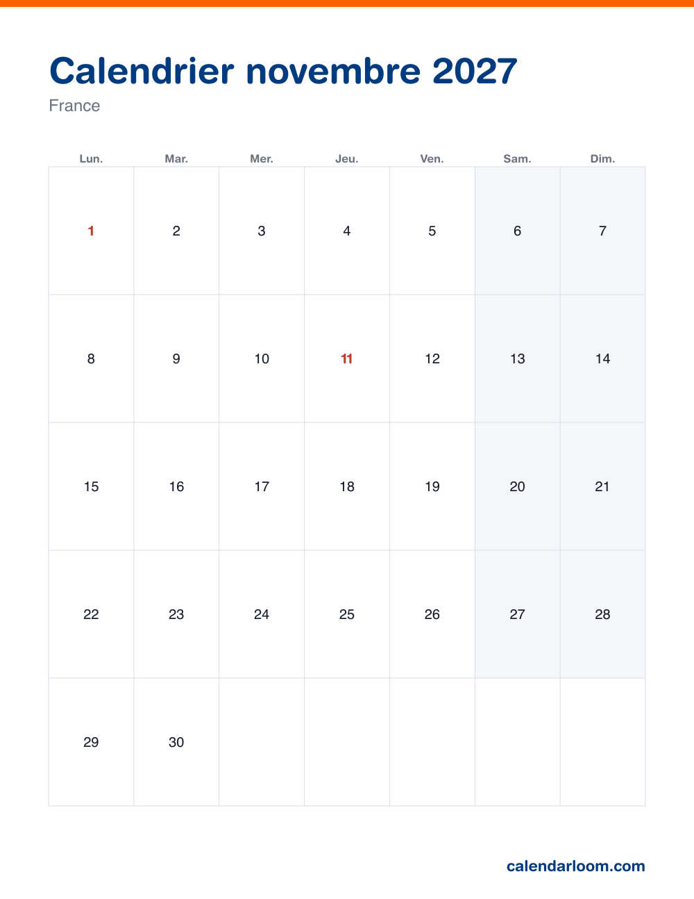 Calendrier novembre 2027 à imprimer avec les jours fériés français