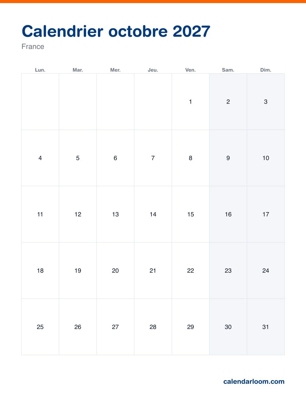 Calendrier octobre 2027 à imprimer avec les jours fériés français