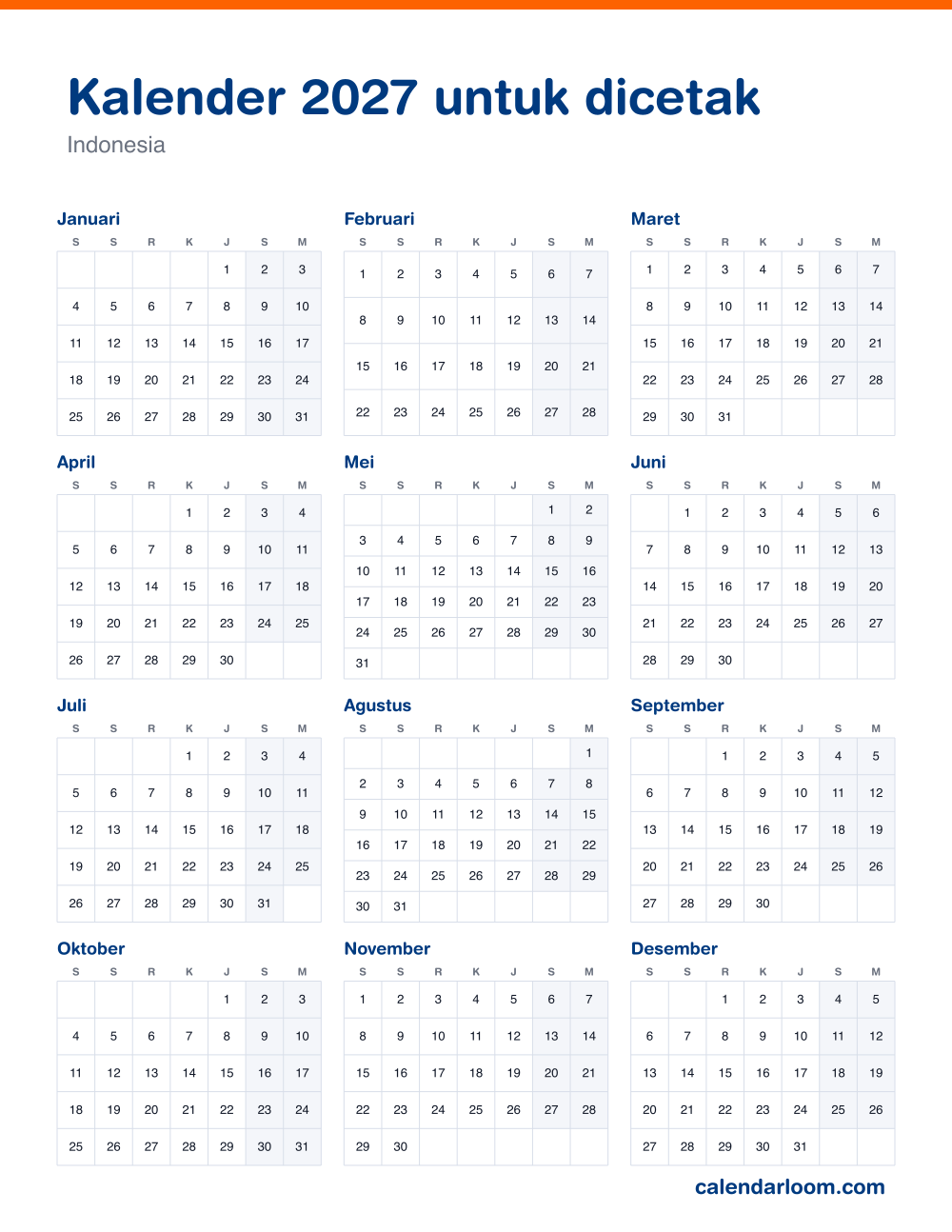 Kalender 2027 untuk dicetak dengan hari libur Indonesia