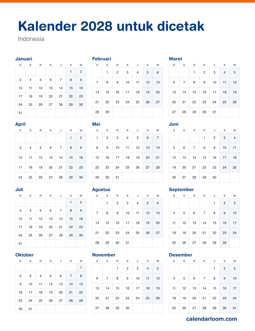 Kalender 2028 untuk dicetak dengan hari libur Indonesia