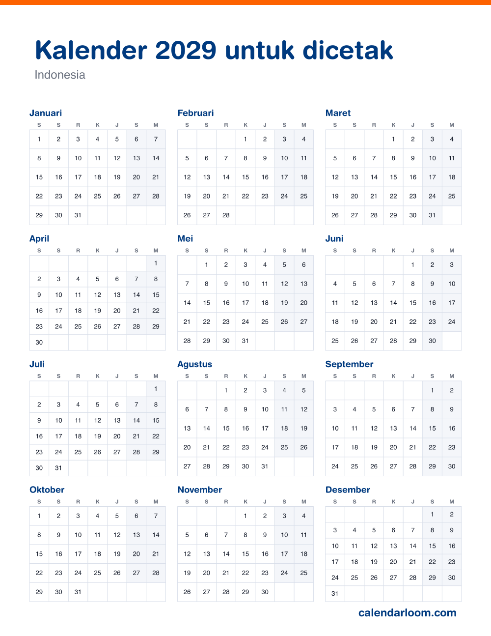 Kalender 2029 untuk dicetak dengan hari libur Indonesia