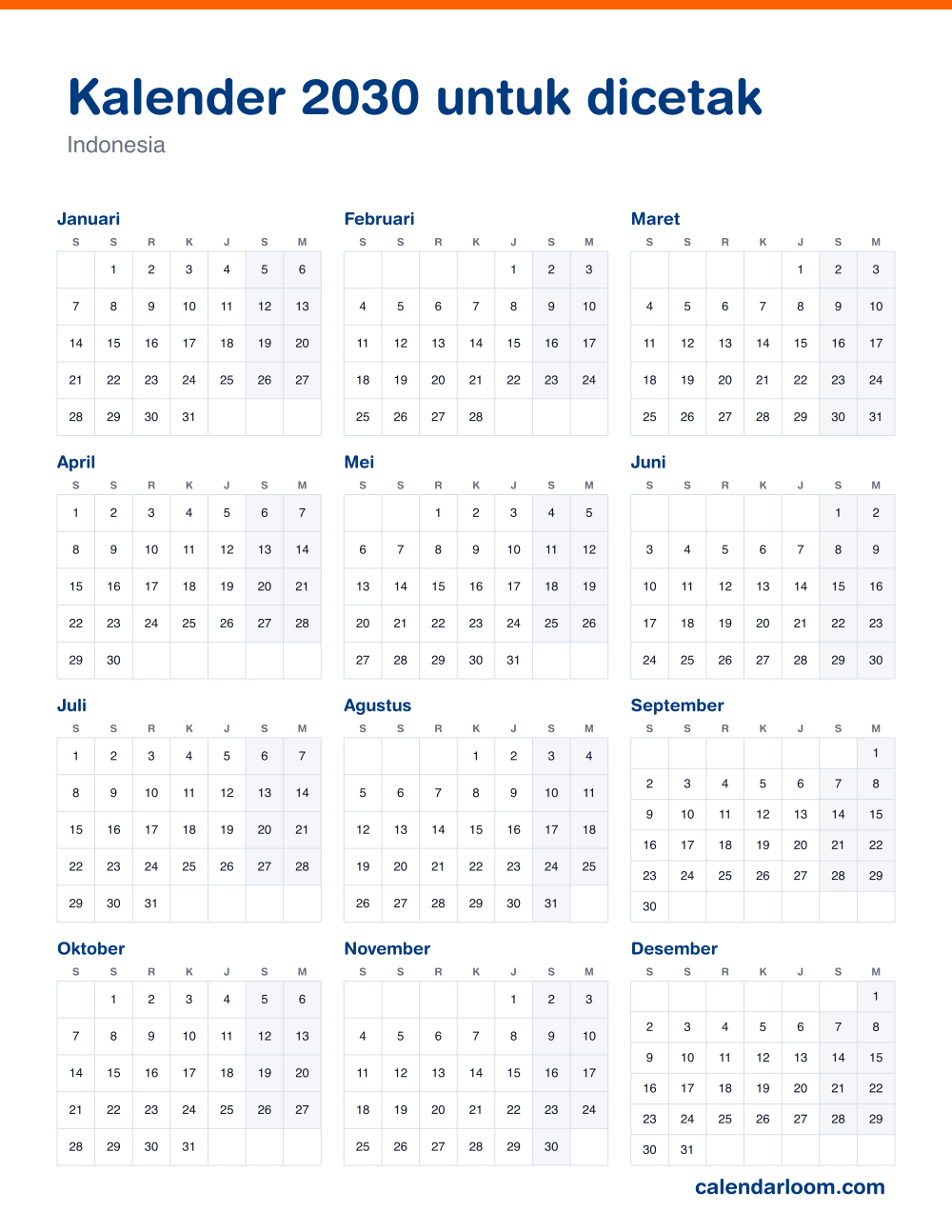 Kalender 2030 untuk dicetak dengan hari libur Indonesia