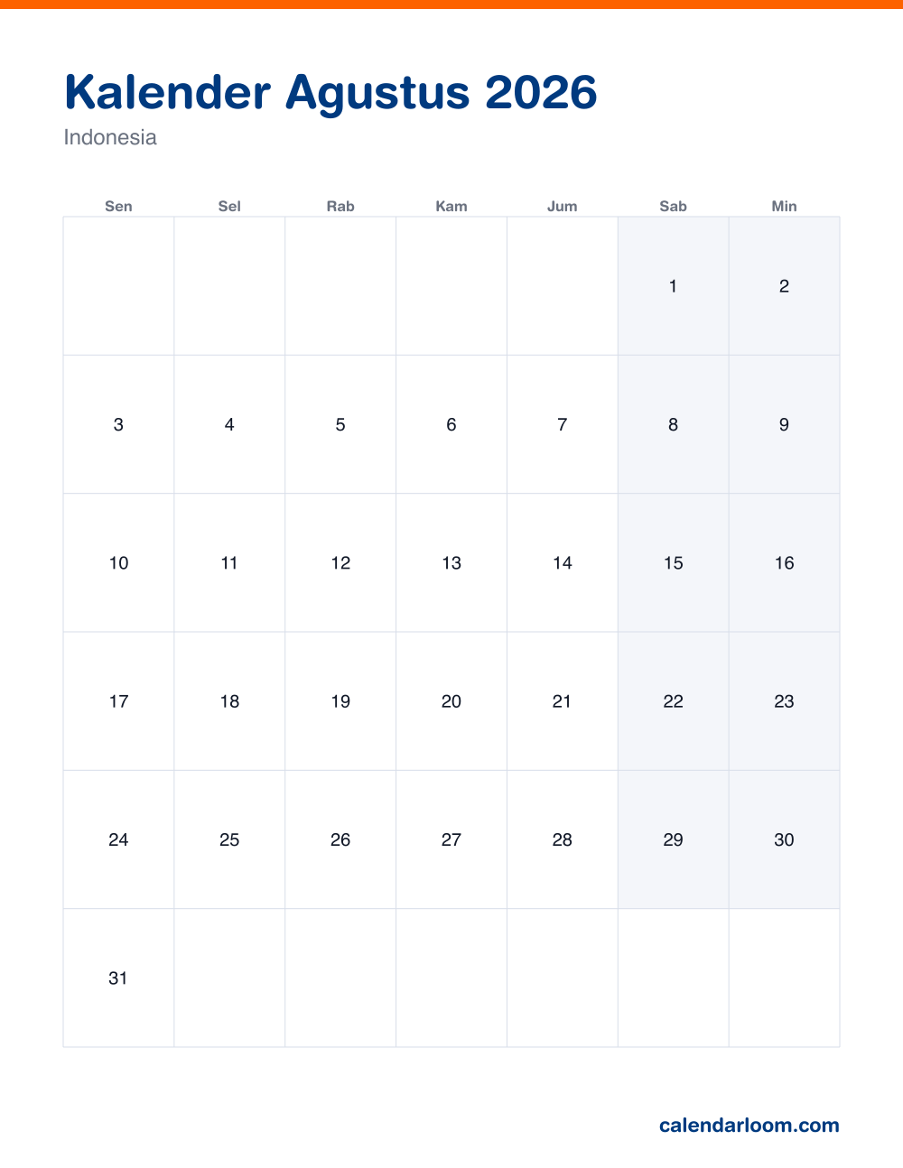 Kalender Agustus 2026 untuk dicetak dengan hari libur Indonesia