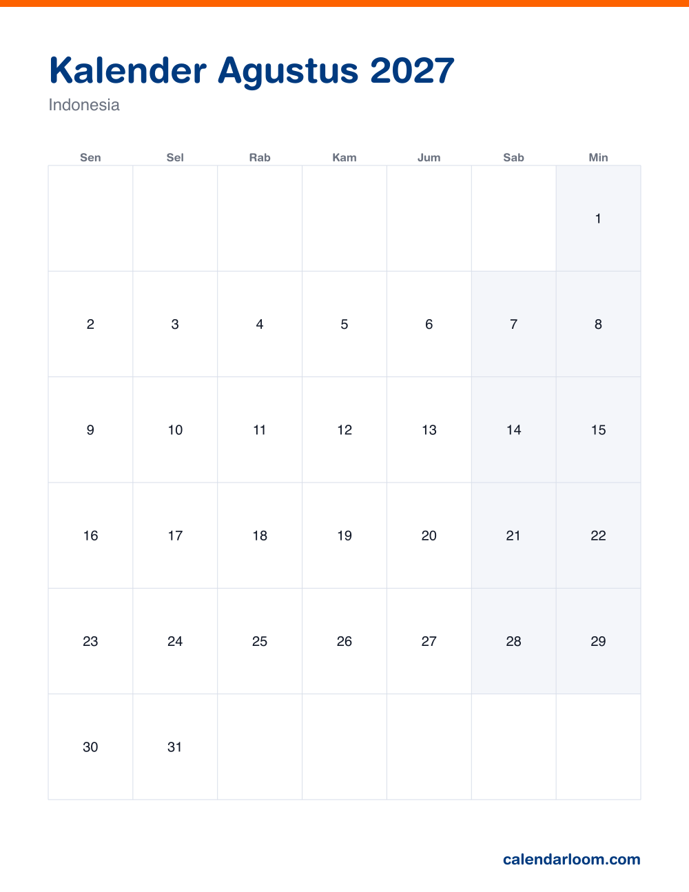 Kalender Agustus 2027 untuk dicetak dengan hari libur Indonesia