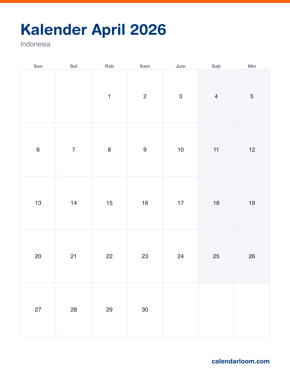 Kalender April 2026 untuk dicetak dengan hari libur Indonesia