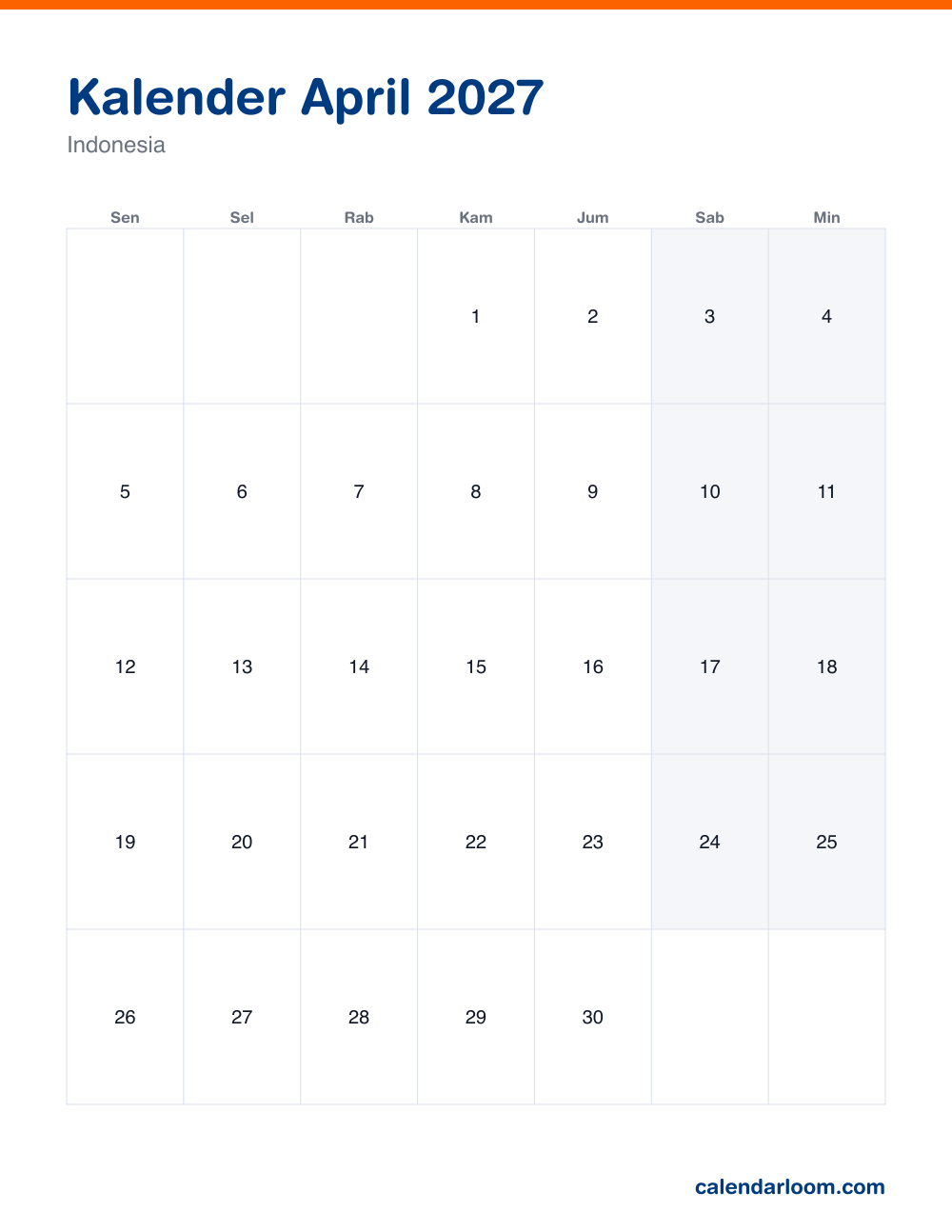 Kalender April 2027 untuk dicetak dengan hari libur Indonesia