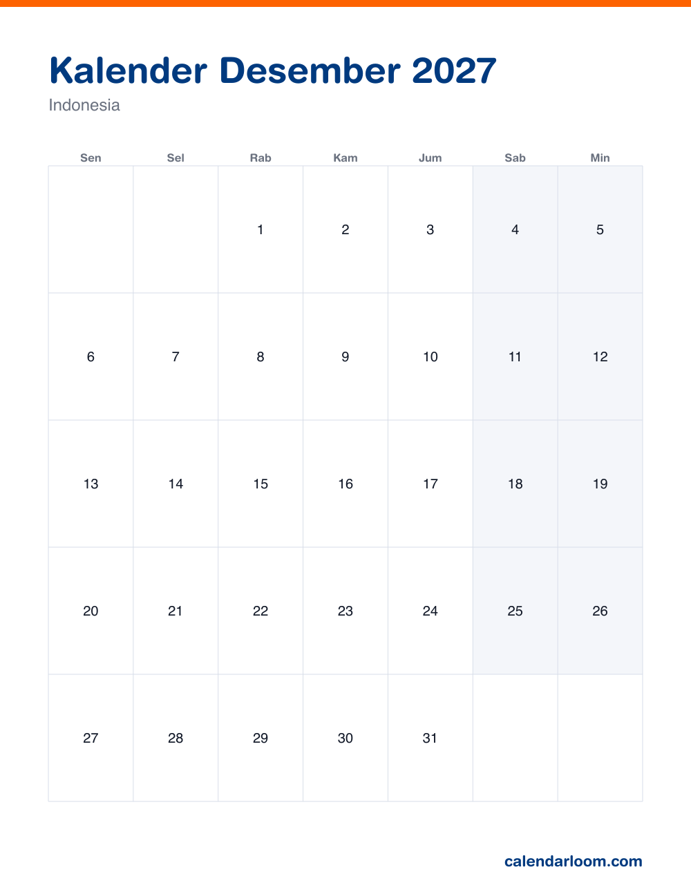 Kalender Desember 2027 untuk dicetak dengan hari libur Indonesia