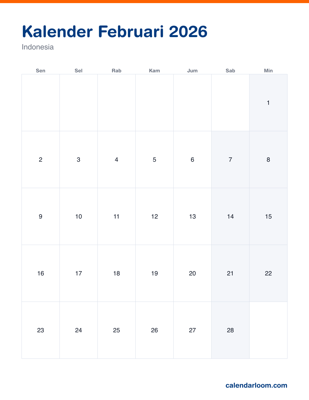 Kalender Februari 2026 untuk dicetak dengan hari libur Indonesia