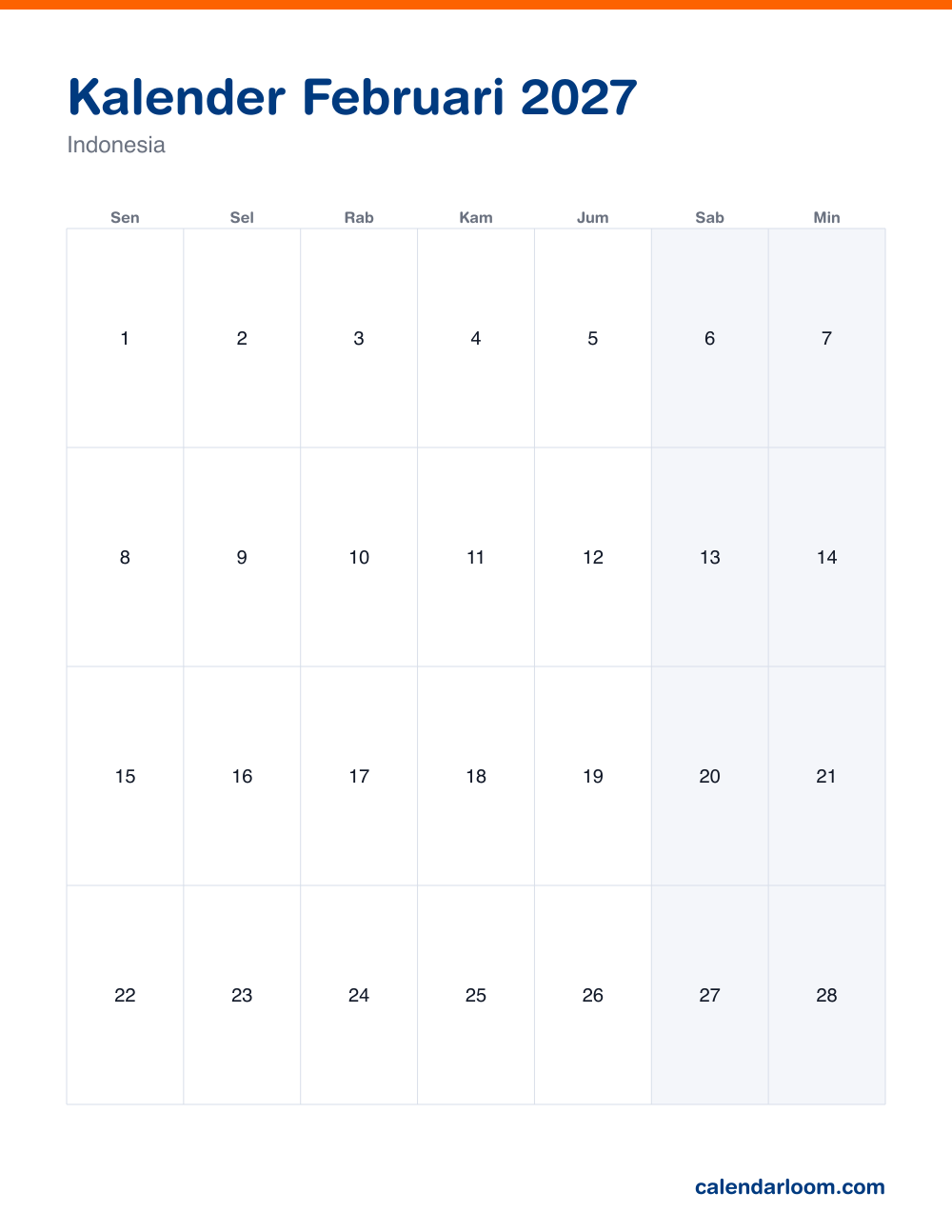 Kalender Februari 2027 untuk dicetak dengan hari libur Indonesia