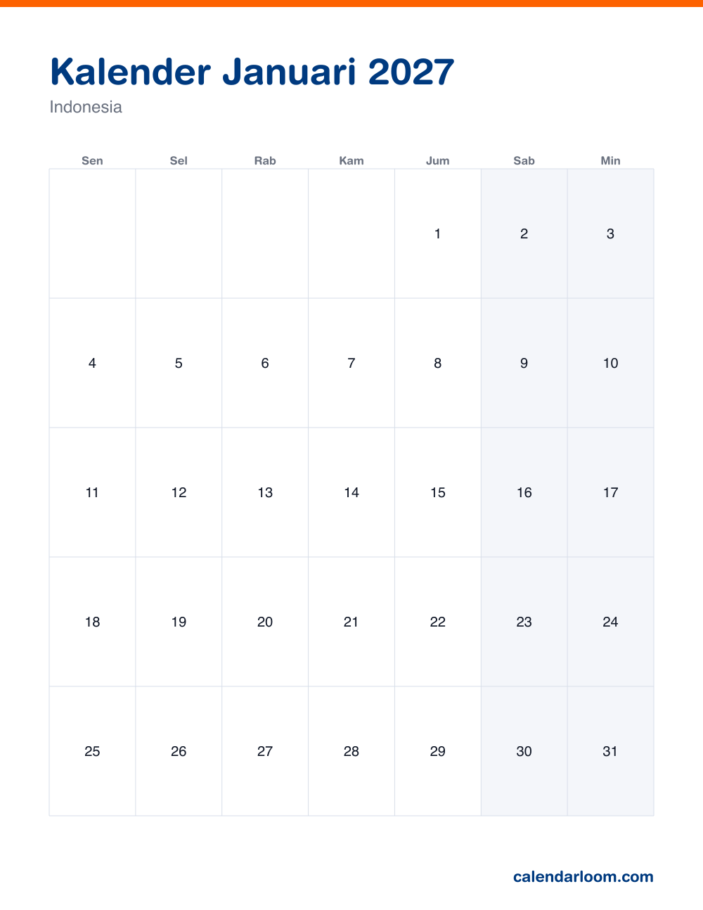 Kalender Januari 2027 untuk dicetak dengan hari libur Indonesia
