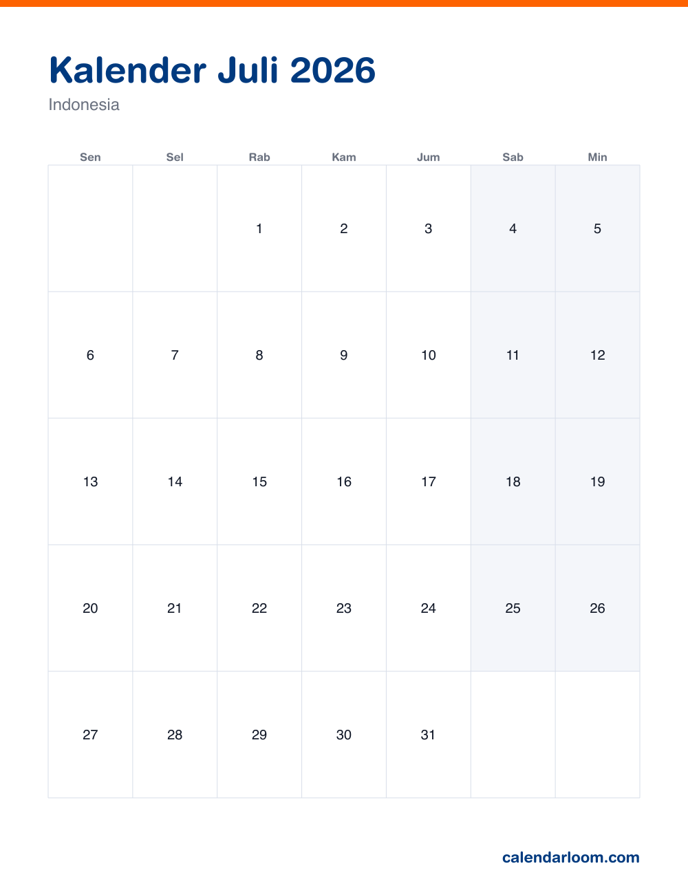 Kalender Juli 2026 untuk dicetak dengan hari libur Indonesia