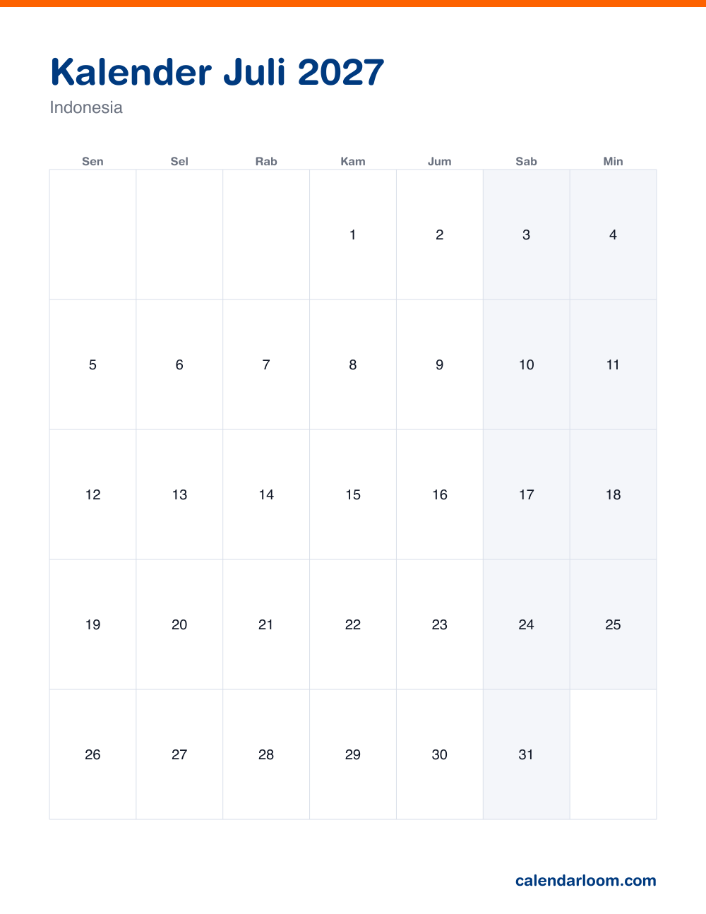 Kalender Juli 2027 untuk dicetak dengan hari libur Indonesia