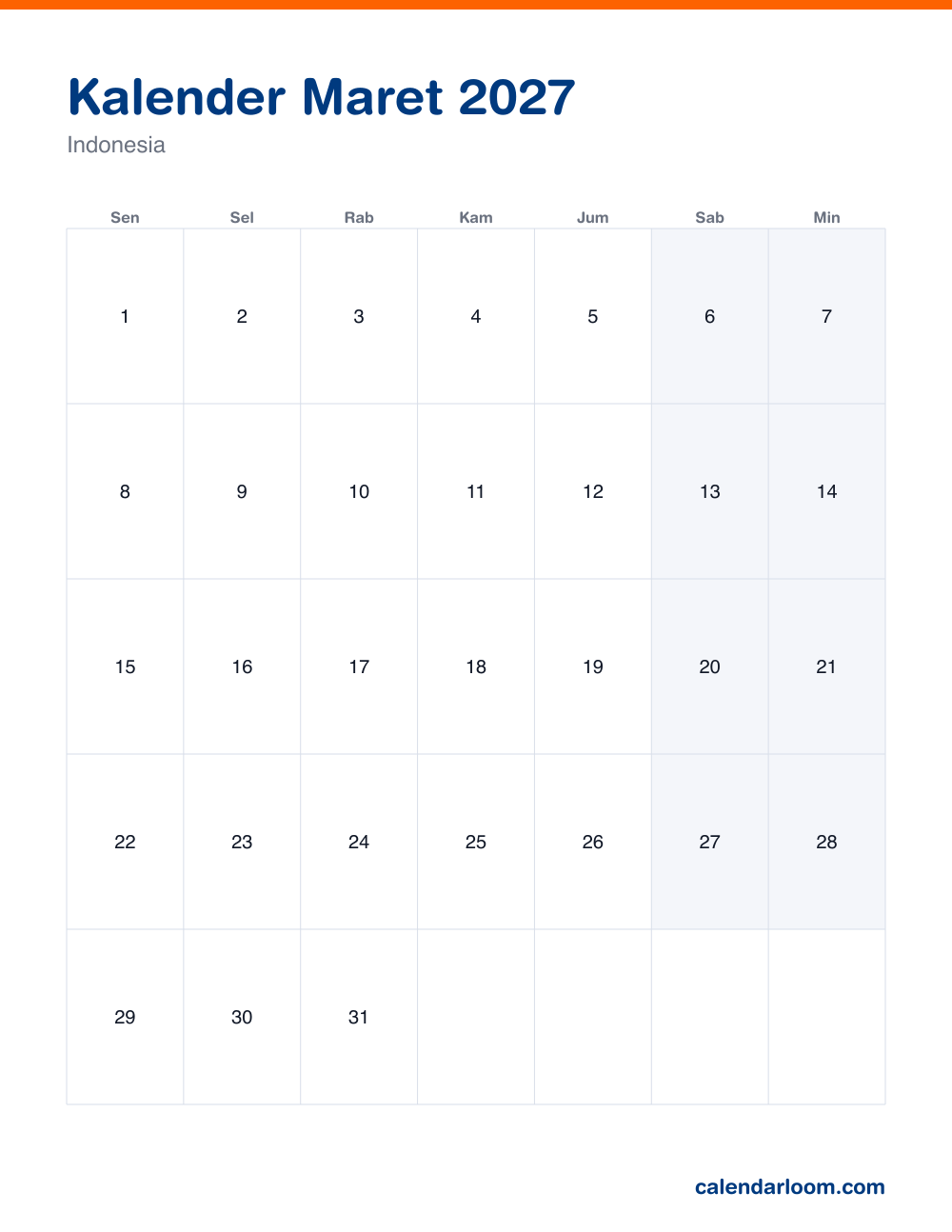 Kalender Maret 2027 untuk dicetak dengan hari libur Indonesia