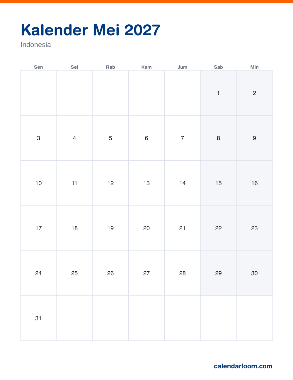 Kalender Mei 2027 untuk dicetak dengan hari libur Indonesia